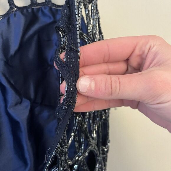 Scala Navy Blue Sleeveless Beaded Gown Maxi Long L Silk Women’s Formal Wedding - Picture 15 of 16